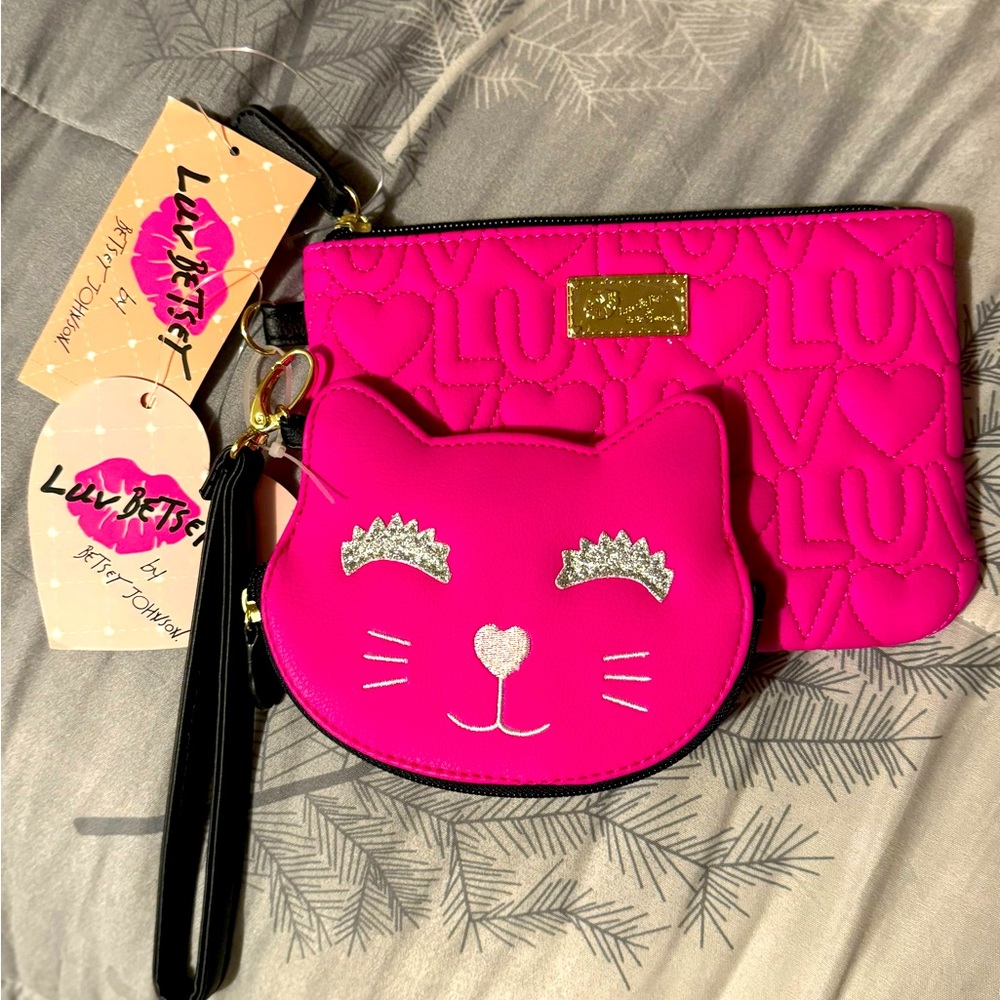 Betsey Johnson Quilted Wristlet & Cat Coin Purse set